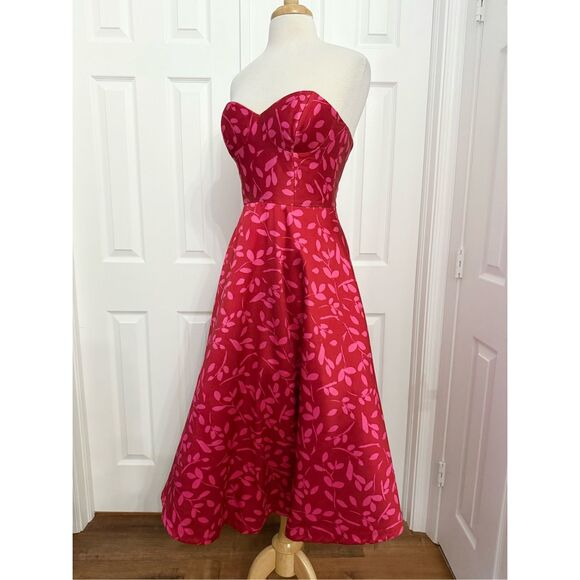 Sachin & Babi Bisate Midi Dress Red Pink Floral Print Strapless Size 6 - Picture 2 of 8